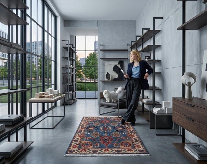 2.1 X 3.0 ft Blue and Beige Floral Handmade  ,Heriz Cotton and Wool