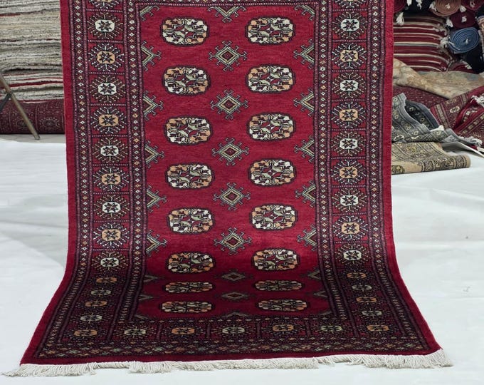 3 X 5 ft Red Geometrical Handmade, Mori Bokhara Cotton and Wool