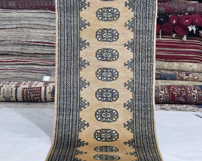 2 X 6 ft Brown Geometrical Handmade Runner, Mori Bokhara Cotton and Wool
