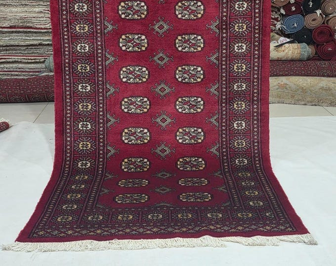 3 X 5 ft Red Geometrical Handmade, Mori Bokhara Cotton and Wool