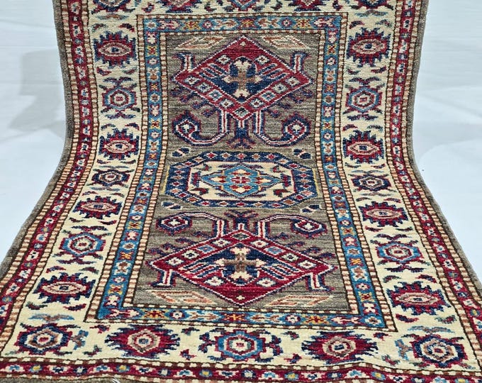 2 X 3 ft Handmade Geometrical Super Kazak Rug, Gray and Beige, Cotton and Wool