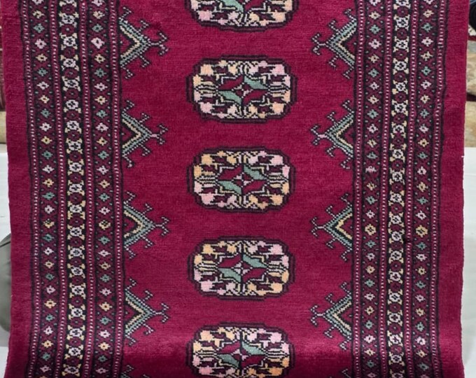 2 X 3 ft Red Geometrical Handmade, Mori Bokhara Cotton and Wool