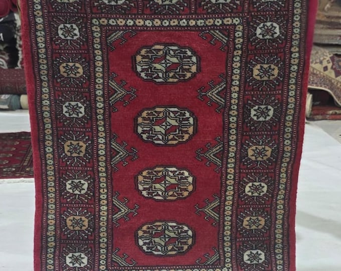 2 X 3 ft Red Geometrical Handmade, Mori Bokhara Cotton and Wool