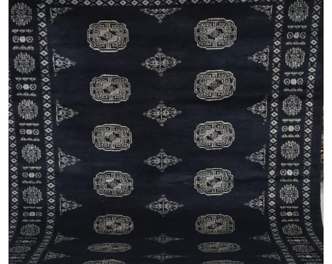 4.5 X 6 ft Black Geometrical Handmade , Mori Bokhara Cotton and Wool