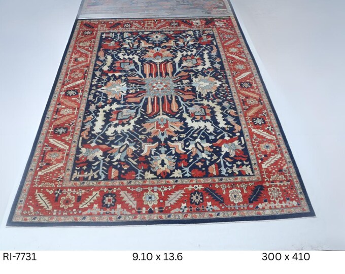Hand-knotted Heriz Cotton and Wool Rug, Floral in Blue base and Red border, 9.10 x 13.6 ft