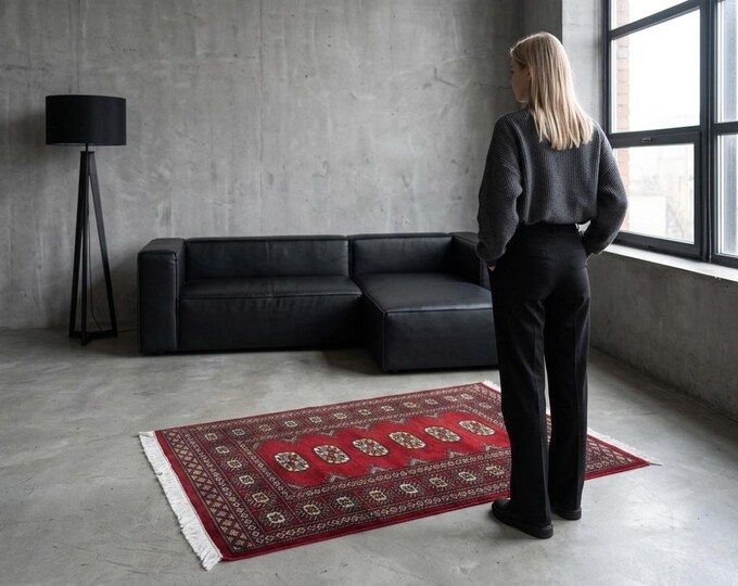 2.6 X 4.1 ft Red Geomatrical Handmade Runner, Mori Bokhara Cotton and Wool