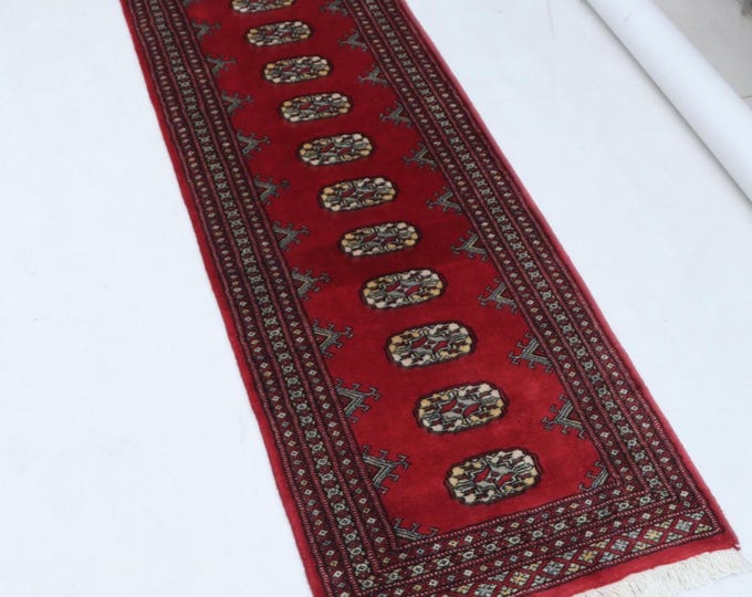 2.0 X 5.11 ft Red Geomatrical Runner Handmade, Mori Bokhara Cotton and Wool