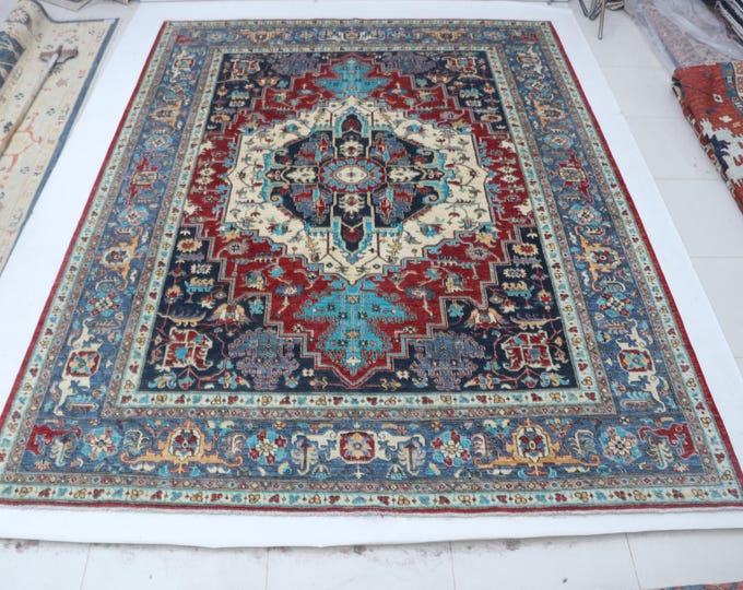 9.1 X 12.2 ft Red and BlueFloral Handmade ,Heriz Cotton and Wool