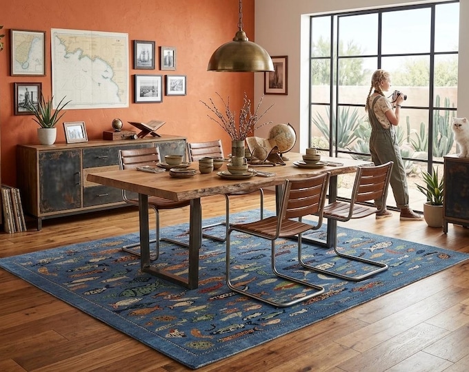 8.0 X 9.8 ft  Blue Floral Handmade ,Heriz Cotton and Wool