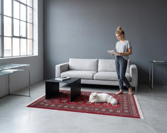 3.1 X 5.0 ft Red Geomatrical Handmade ,Mori Bokhara Cotton and Wool