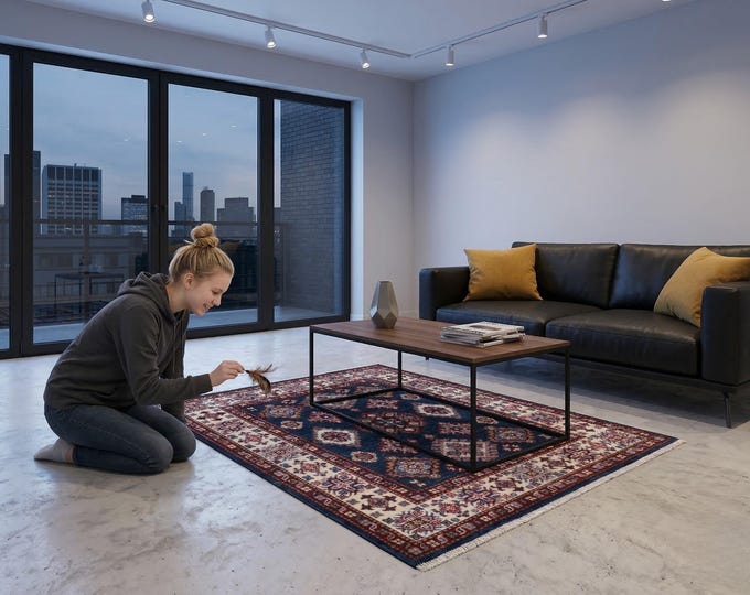 3.3 X 3.6 ft Blue and Beige Geomatrical Handmade , Super Kazak Cotton and Wool