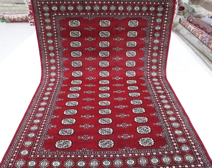 Hand Knotted Mori Bokhara Wool Rug, 5.6x8.4 ft, Red Gul Motif
