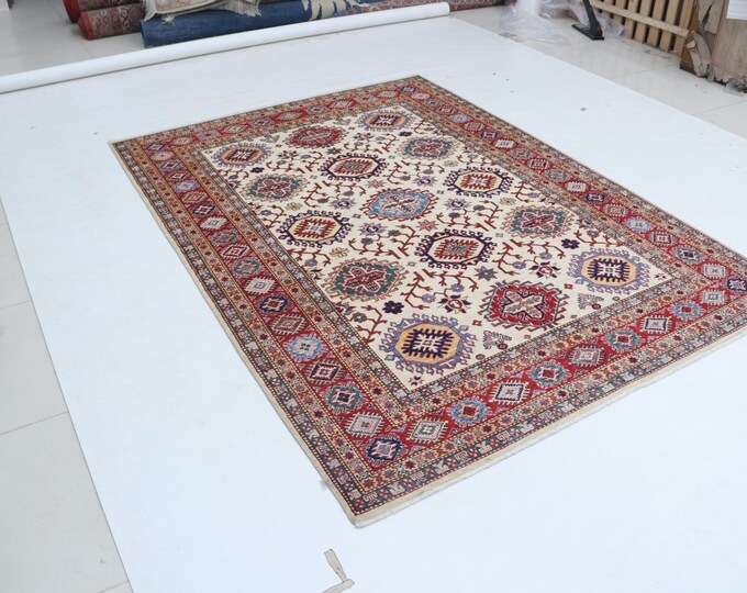 6 X 8 ft Beige and Red Geomatrical Handmade , Super Kazak Cotton and Wool
