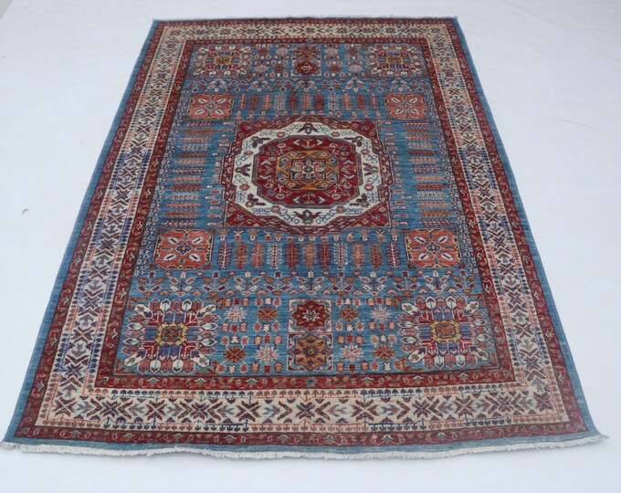 4.8 x 6.7 ft Beige and Blue Geomatrical Handmade , Super Kazak Cotton and Wool