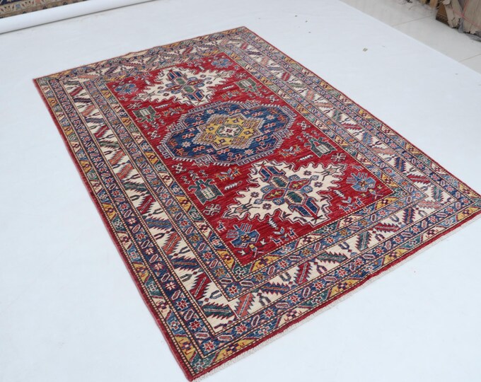 5 X 6 ft Red and Beige Geomatrical Handmade, Super Kazak Cotton and Wool