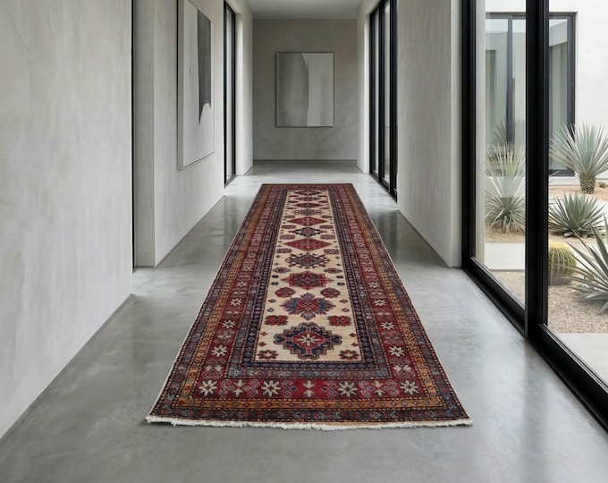 2.6 x 8.2 ft Red and Beige Geomatrical Handmade Runner , Super Kazak Cotton and Wool