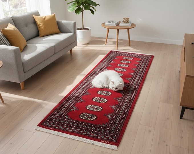 2.1 X 6.3 ft Red Geomatrical Handmade, Mori Bokhara Cotton and Wool