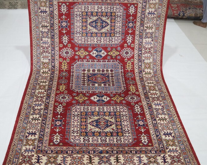 5x8 Hand-Knotted Afghan Kazak Rug – Red Wool Geometric Rug