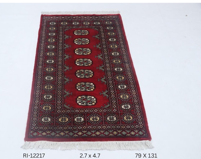 Hand-knotted Mori Bokhara Cotton and Wool Rug, Geomatrical in Red base and Red border, 2.7 x 4.7 ft