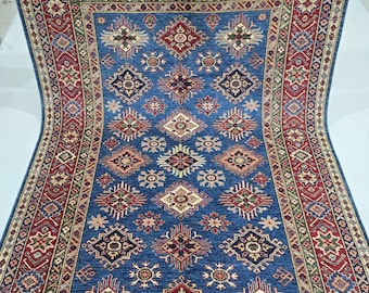 6 X 9 ft Handmade Geometrical Super Kazak Rug, Blue and Red, Cotton and Wool