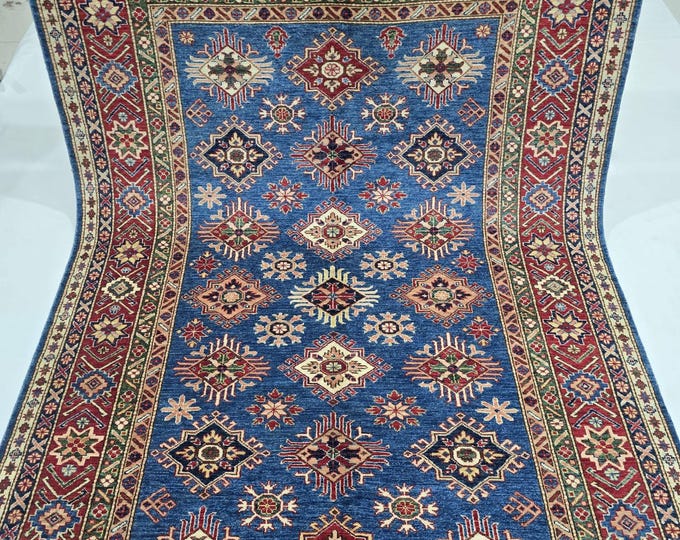 6 X 9 ft Handmade Geometrical Super Kazak Rug, Blue and Red, Cotton and Wool