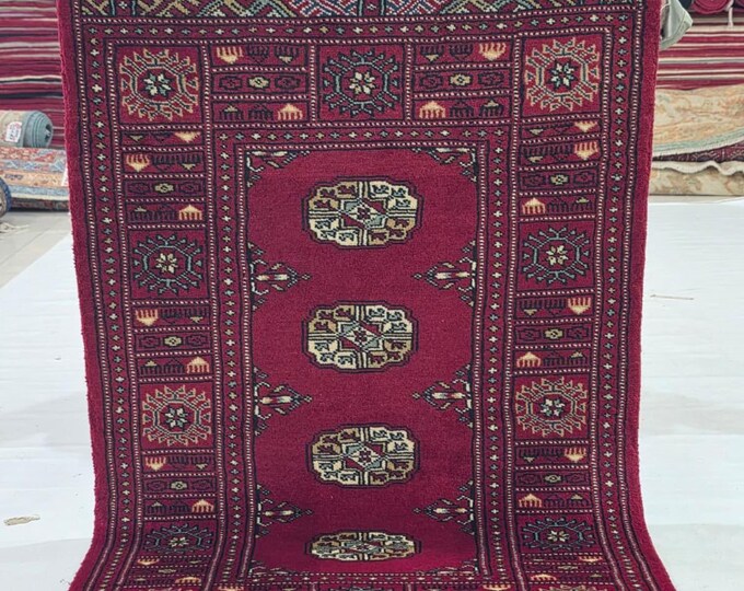 2.5 X 4 ft Red Geometrical Handmade, Mori Bokhara Rug Cotton and Wool