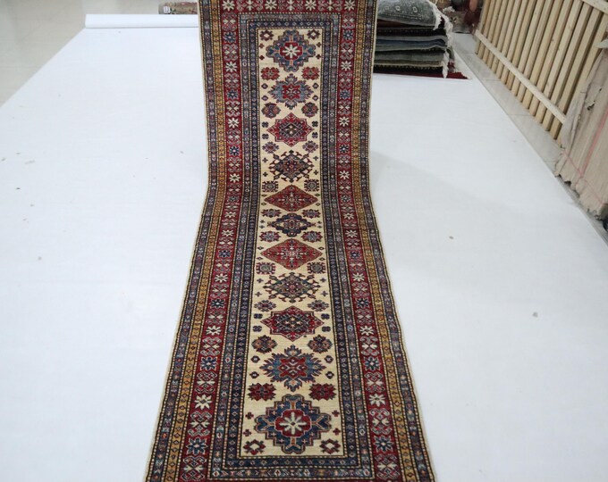 Hand Knotted Wool Kazak Runner Rug, 8 ft, Beige Red Geometric Afghan Rug