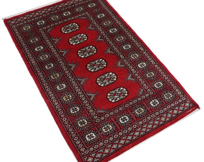 2.8 X 4.1 ft Red Geomatrical Handmade ,Mori Bokhara Cotton and Wool