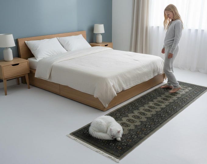 2.6 X 10.4 ft Gray Geomatrical Runner Handmade, Mori Bokhara Cotton and Wool