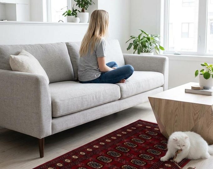 3.1 X 5.3 ft Red Geomatrical Handmade Runner, Mori Bokhara Cotton and Wool