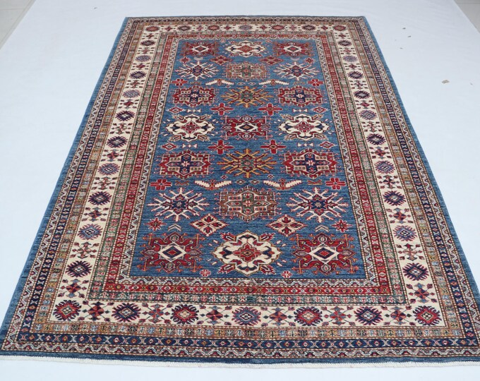 5.7 X 8.0 ft Blue and Beige Geomatrical Handmade , Super Kazak Cotton and Wool