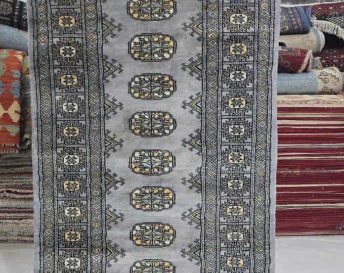 2.5 X 8 ft Gray Geometrical Handmade Runner, Mori Bokhara Cotton and Wool