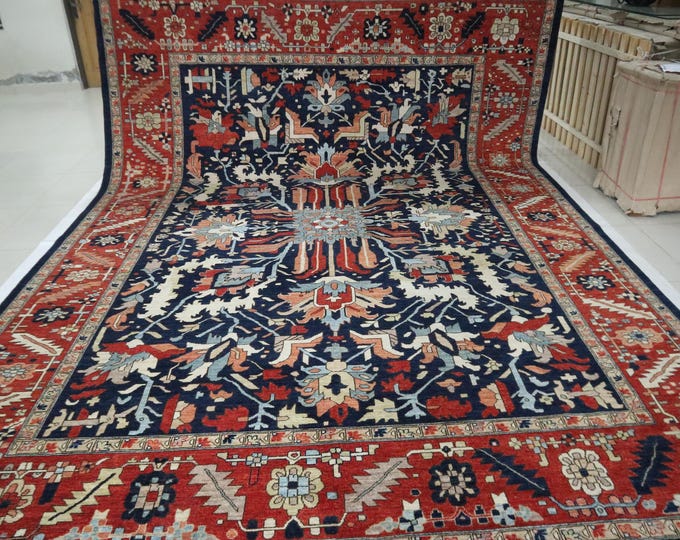 10x14 Afghan Chobi Rug – Handmade Wool, Blue and Rust