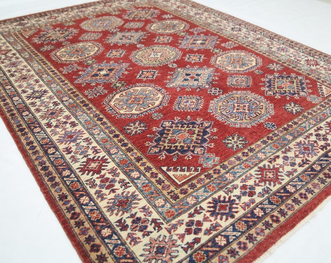 5x7 Afghan Kazak Rug – Handmade Wool, Geometric Oriental Rug