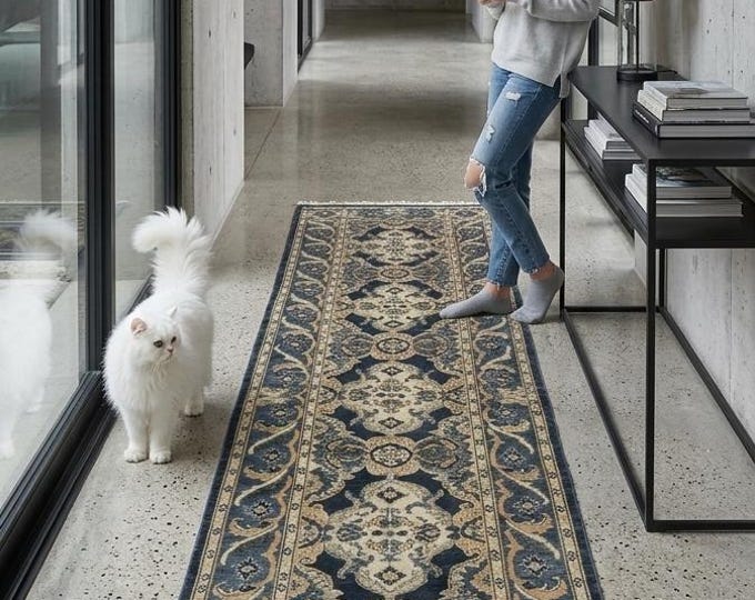 3.1 X 12.6 ft Gray Floral Handmade Runner ,Heriz Cotton and Wool