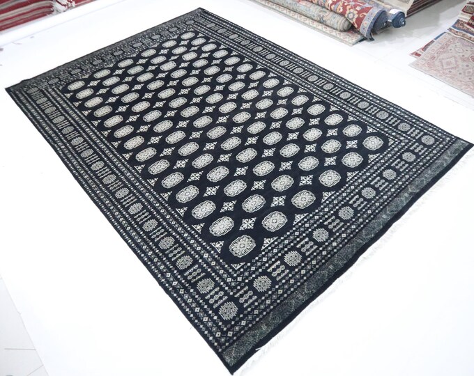 7 X 10 ft Handmade Geometrical Mori Bokhara Rug, Black, Cotton and Wool