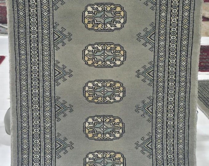 2 X 3 ft Gray Geometrical Handmade, Mori Bokhara Cotton and Wool