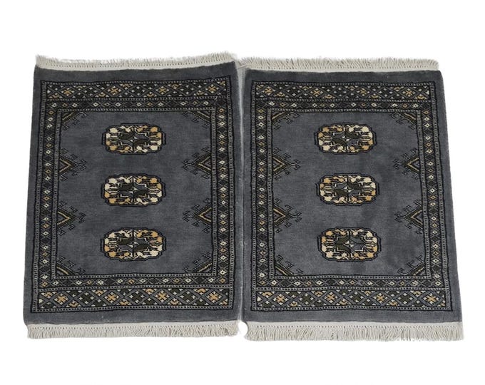 1.5 x 2 ft Geometrical Handmade, Gray Mori Bokhara Rug Cotton and Wool (2  pieces)
