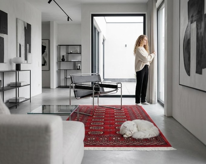 3.2 X 5.1 ft Red Geomatrical Handmade, Mori Bokhara Cotton and Wool