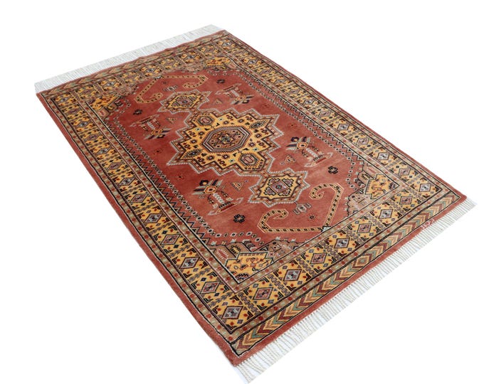 4.1 X 5.10 ft Copper Geomatrical Handmade ,Farsh-e-Nayle Cotton Wool and Silk touch