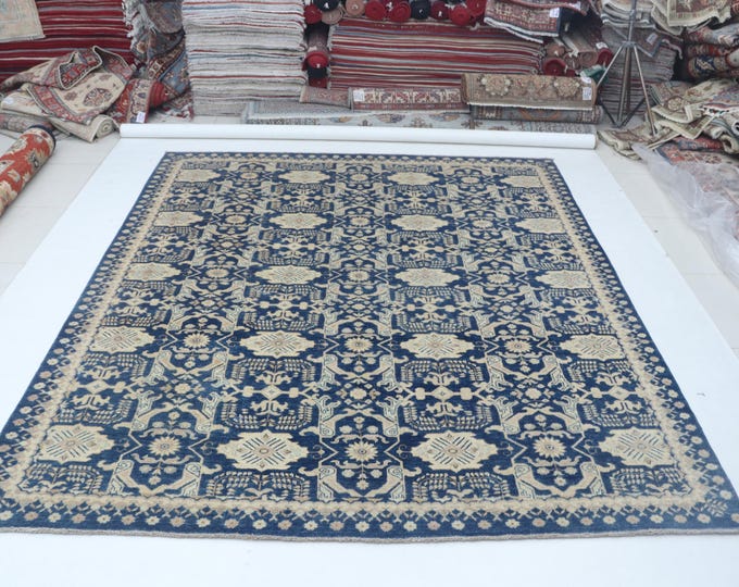 8.2 X 9.8 ft Blue Floral Handmade ,Heriz Cotton and Wool