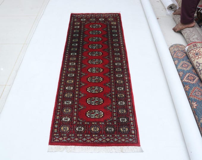 2.1 X 5.11 ft Red Geomatrical Runner Handmade, Mori Bokhara Cotton and Wool