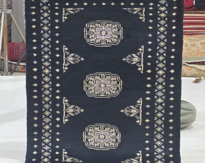2 X 3 ft Black Geometrical Handmade, Mori Bokhara Cotton and Wool