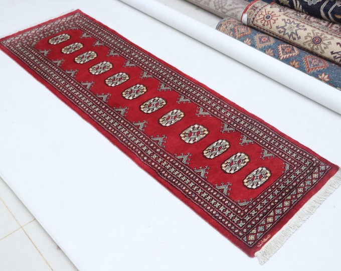 2.0 X 6.5 ft Red Geomatrical Runner Handmade, Mori Bokhara Cotton and Wool