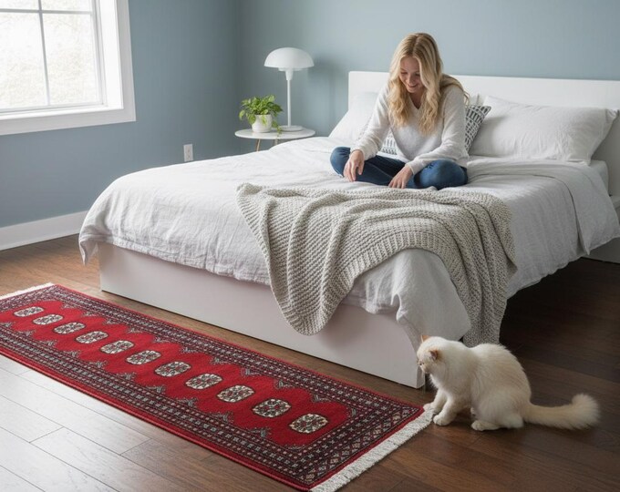 2.0 X 6.4 ft Red Geomatrical Runner Handmade, Mori Bokhara Cotton and Wool