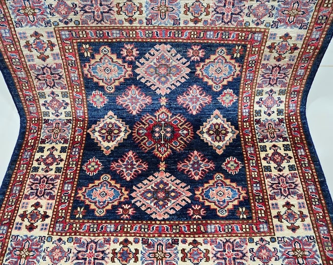 3.5 X 3.5 ft Handmade Geometrical Square Super Kazak Rug, Blue and Beige, Cotton and Wool