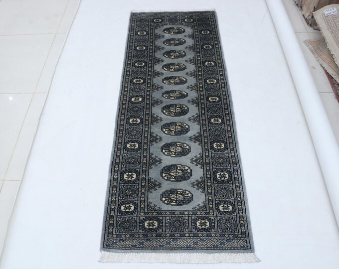 2.1 X 5.11 ft Gray Geomatrical Runner Handmade, Mori Bokhara Cotton and Wool
