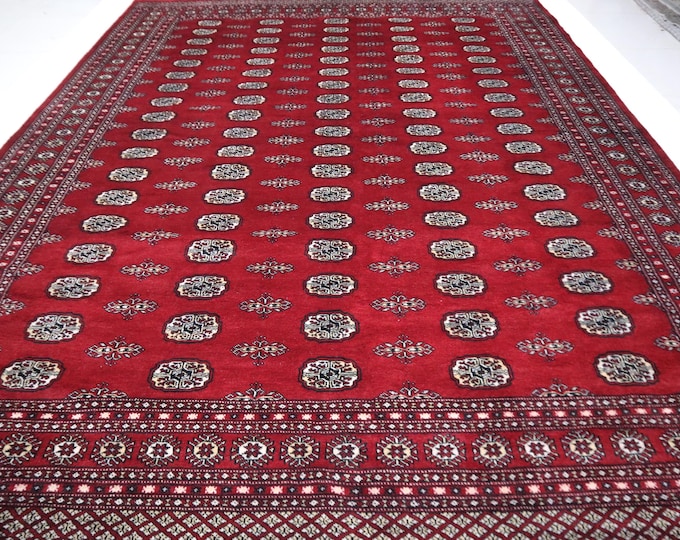 9 X 12 ft Handmade Geometrical Mori Bokhara Rug, Red, Cotton amd Wool