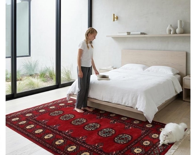 2.7 X 4.1 ft Red Geomatrical Handmade, Mori Bokhara Cotton and Wool