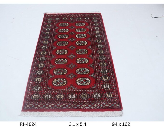 3 X 5 ft Red Geometrical Handmade , Mori Bokhara Cotton and Wool